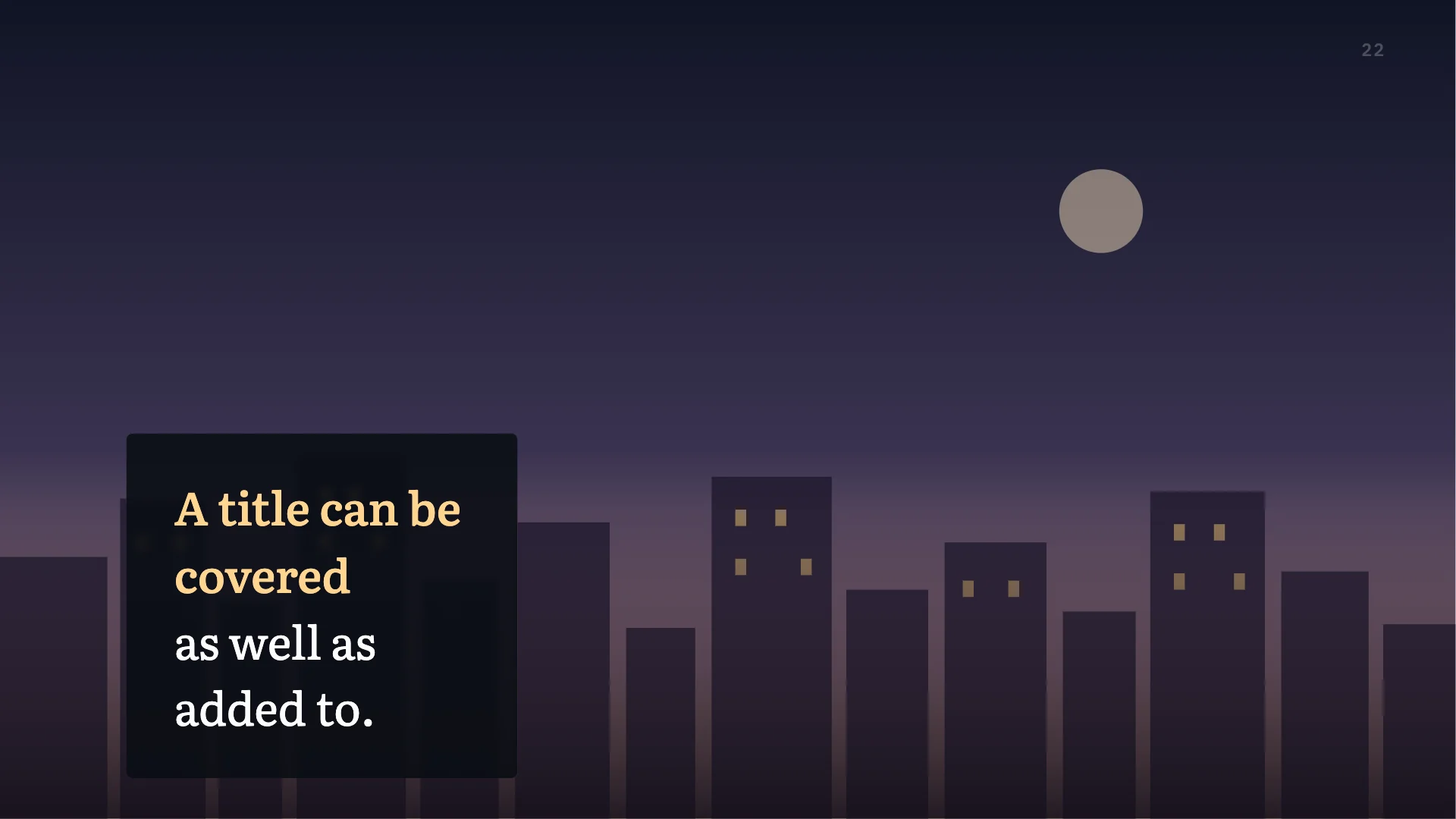 A projection filled edge to edge by a photograph of a city at dusk, with a small dark card of two lines standing in the lower left.