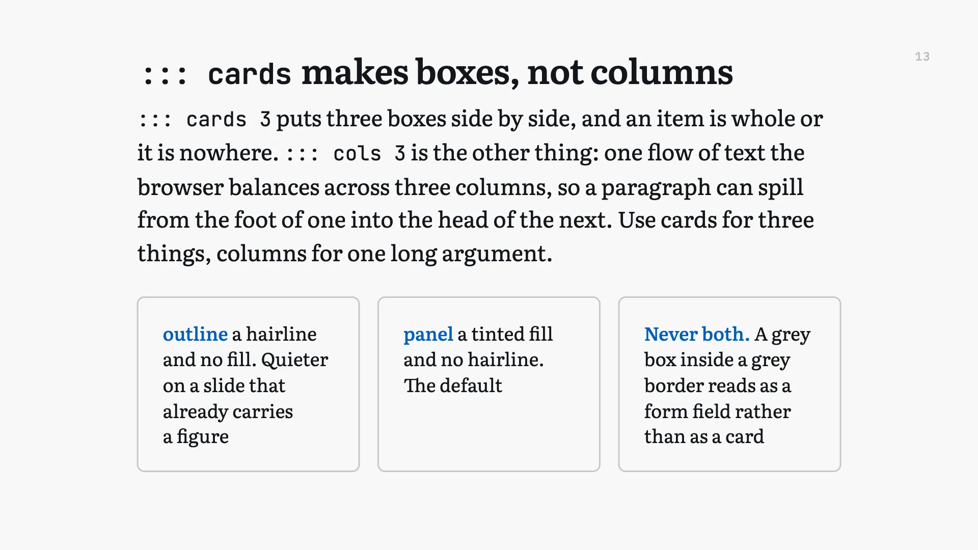 A projected slide with a paragraph and, below it, three boxes in a row, each outlined with a hairline and opening with a bold word.