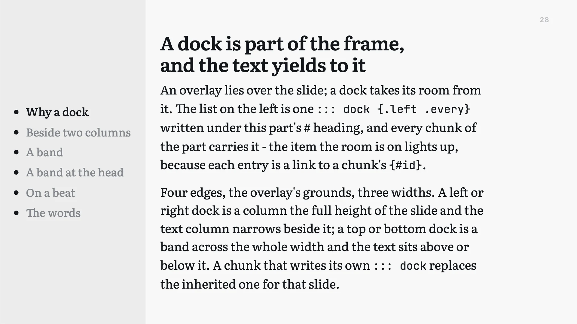 A projected text slide with a standing list of six part names down a tinted column on the left, the current one in black and the rest greyed.