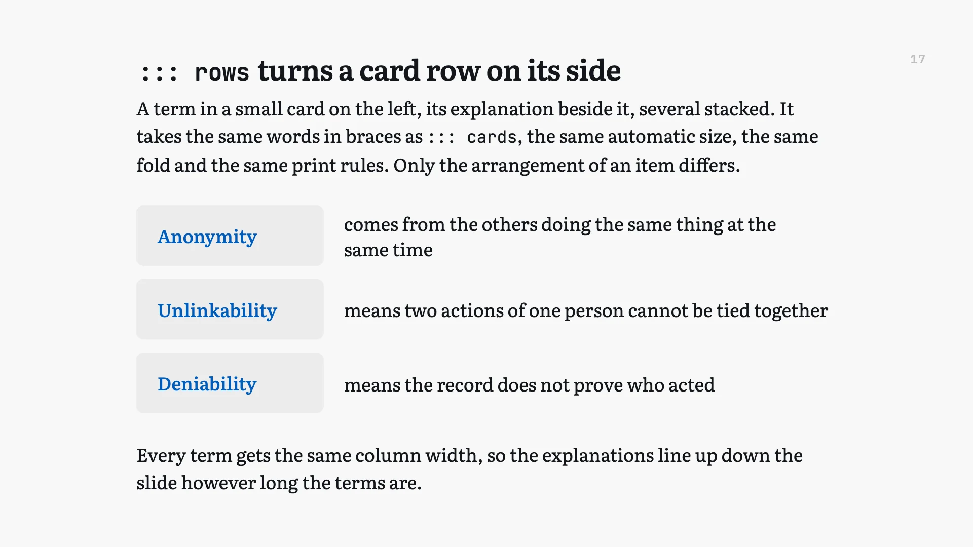 A projected slide with three stacked rows, each a short term in a tinted box on the left and its explanation set beside it.