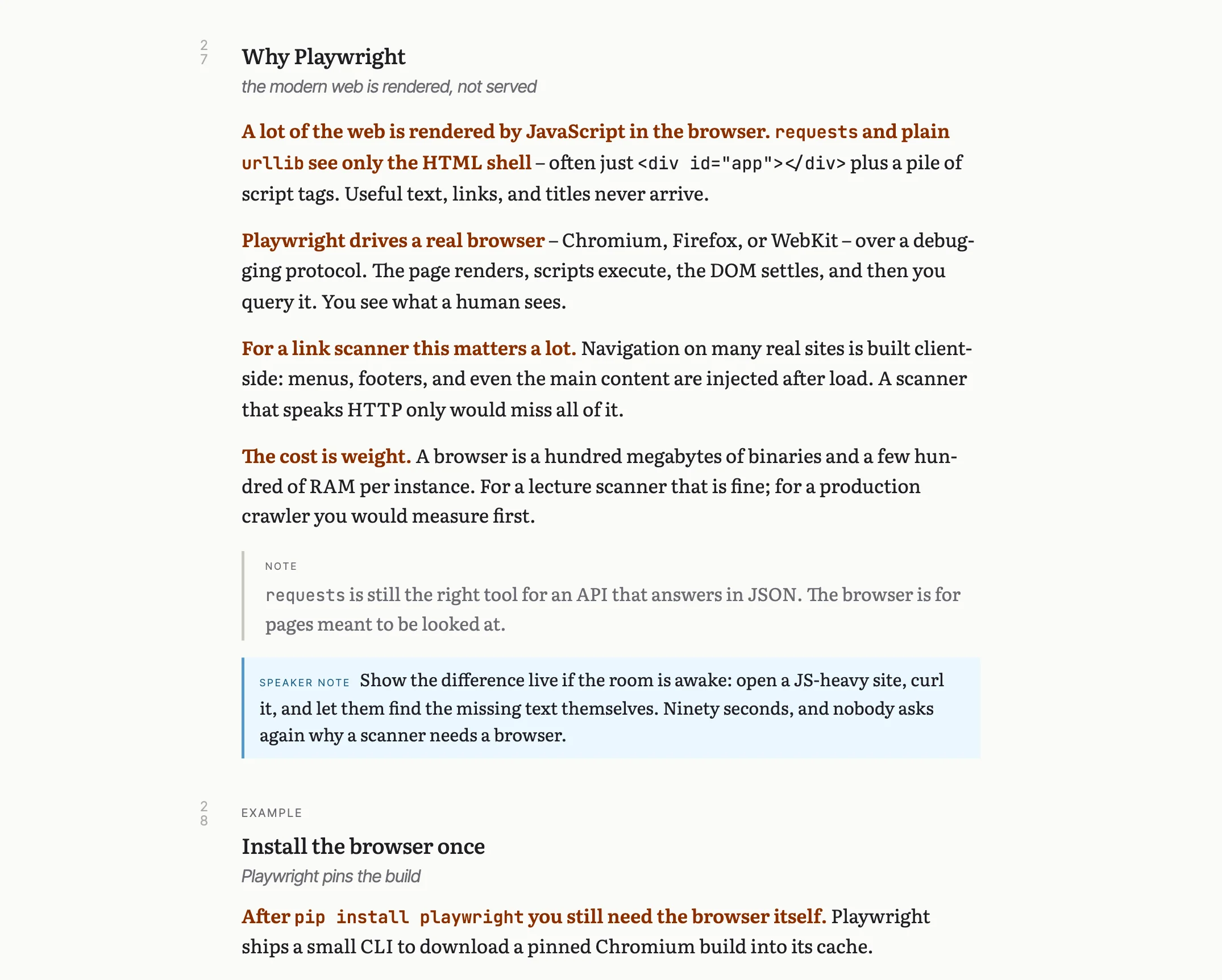 The handout: the same chunk set as flowing justified prose with hyphenation, the margin note as an aside, and the speaker note in a tinted block beneath it.