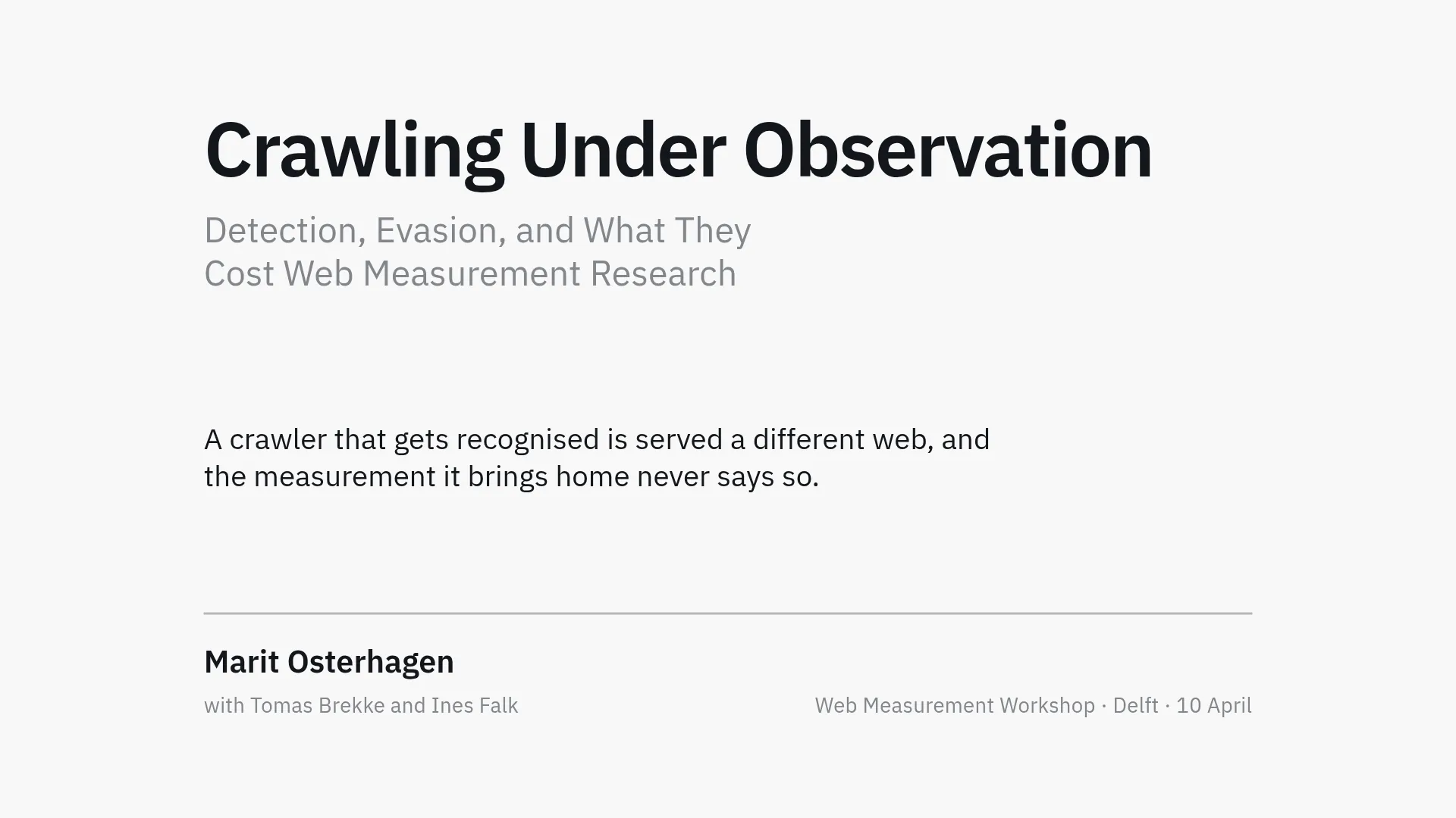 A title slide with the title at the top edge, a lede in the middle, and the credits under a rule at the bottom.