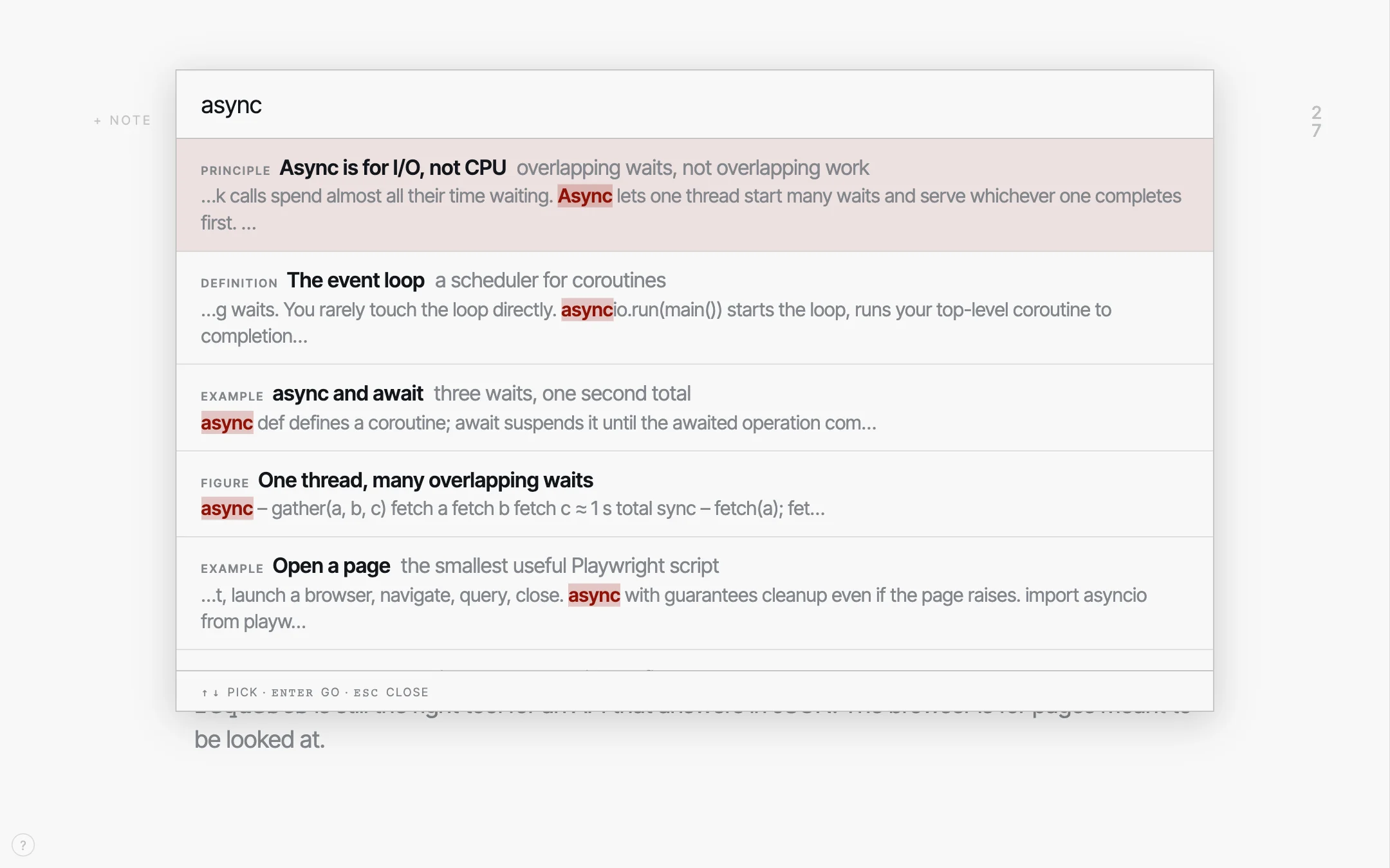 The search panel over the slide: the query async, and five results, each with its tag, heading and the matching sentence.